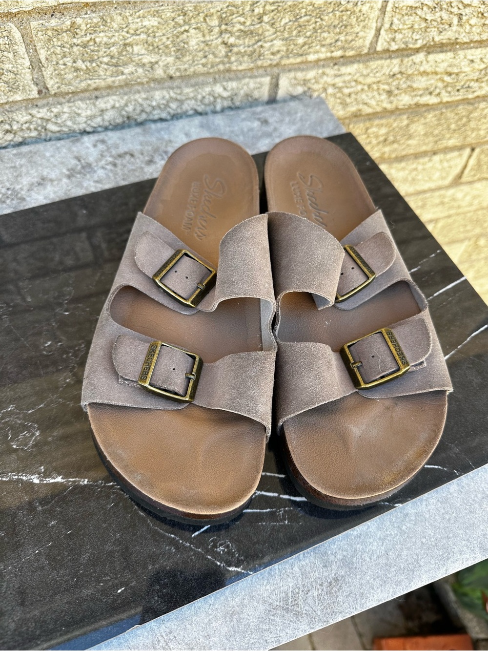 Skechers Taupe Suede Double Buckle Slide Sandals size 8